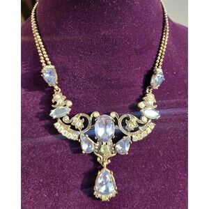 Vintage Avon Y2k Green Blue Rhinestone Angel Silver Chunky Necklace